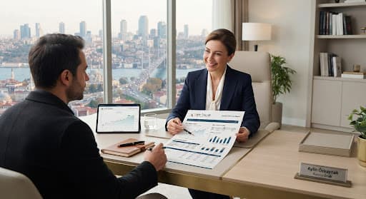Finansal raporlar ve risk yönetimi grafikleri içeren bir ofis masası.